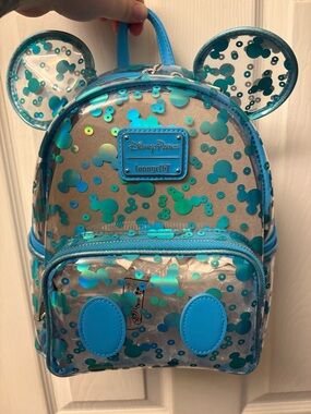 Loungefly Teal Iridescent Mickey Confetti Clear Mini Backpack